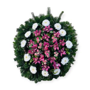 Álló kegyeleti koszorú -Orchidea, fehér gerbera